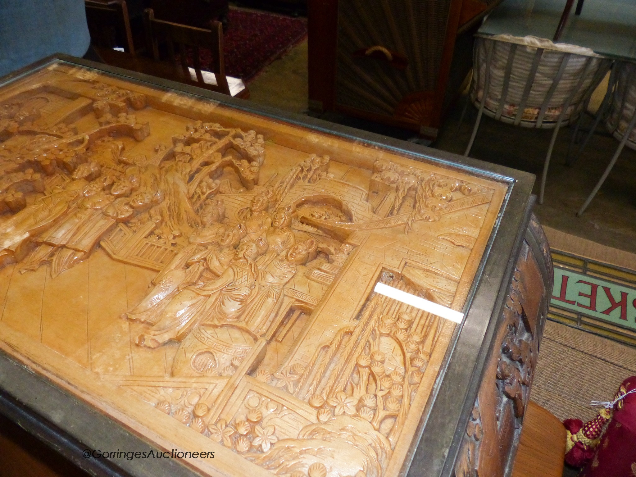 A Chinese rectangular relief carved hardwood low coffee table. W-91, D-46, H-41cm.